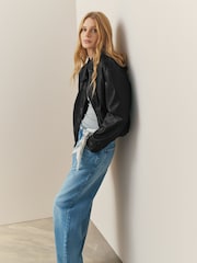 Nothing Ordinary Dark Navy Faux Leather Bubble Hem Bomber Jacket - Image 1 of 9