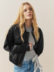 أزرق داكن - Nothing Ordinary Faux Leather Bubble Hem Bomber Jacket - Image 4 of 9