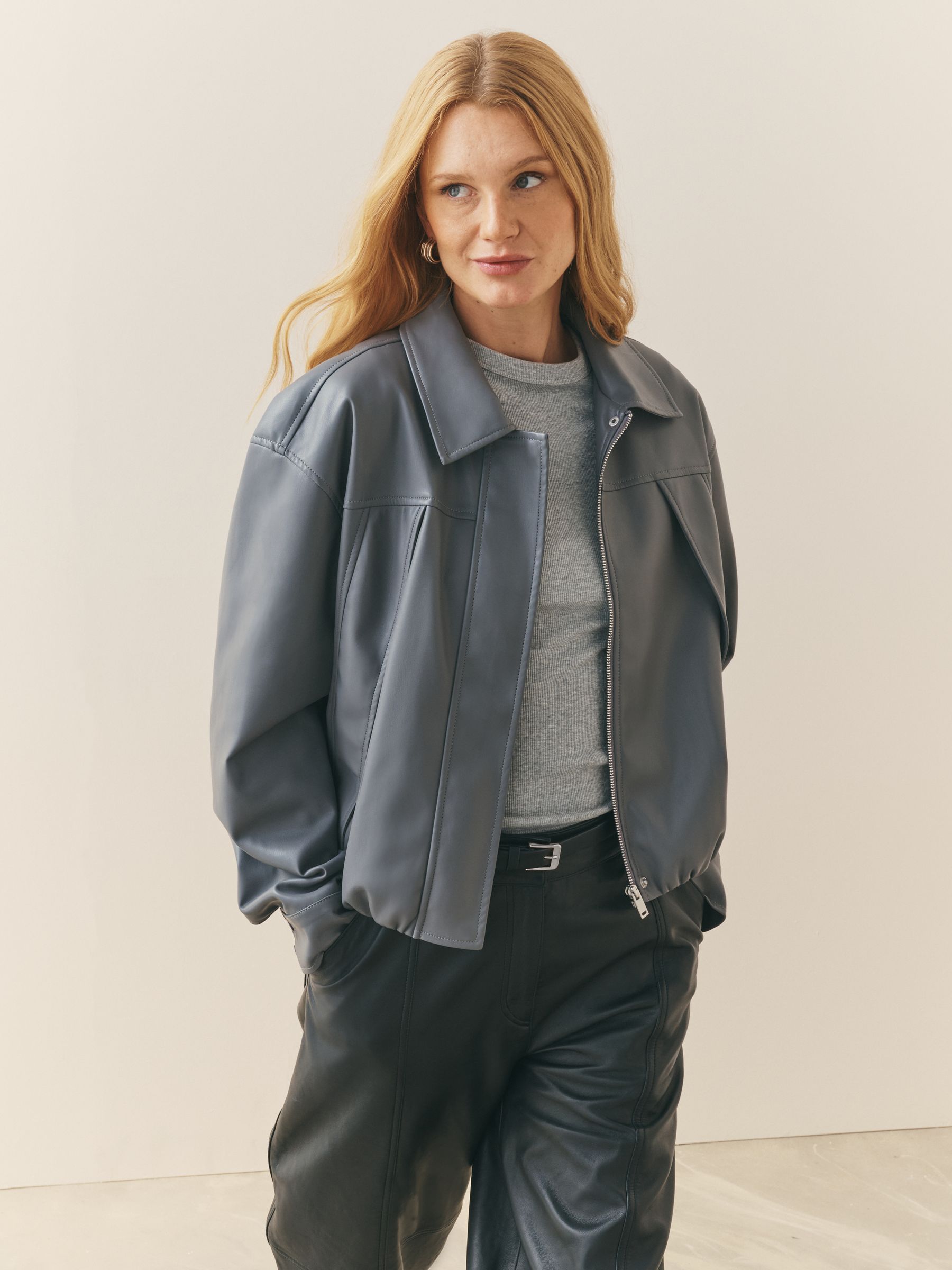 Buy Nothing Ordinary Grey Faux Leather Bubble Hem Bomber Jacket