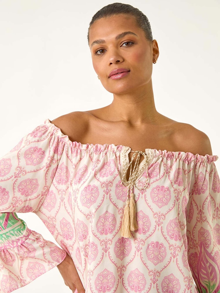 Roman Pink Printed Bardot Tie Neck Blouse - Image 1 of 5