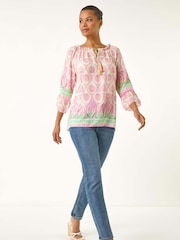Roman Pink Printed Bardot Tie Neck Blouse - Image 2 of 5