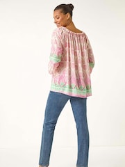 Roman Pink Printed Bardot Tie Neck Blouse - Image 3 of 5