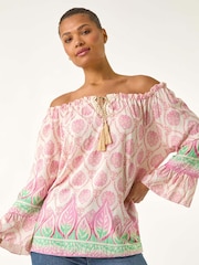 Roman Pink Printed Bardot Tie Neck Blouse - Image 4 of 5