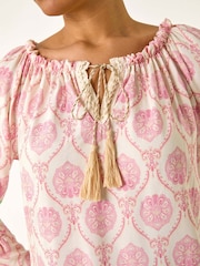Roman Pink Printed Bardot Tie Neck Blouse - Image 5 of 5