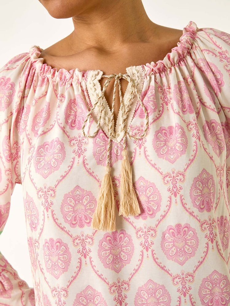 Roman Pink Printed Bardot Tie Neck Blouse - Image 5 of 5
