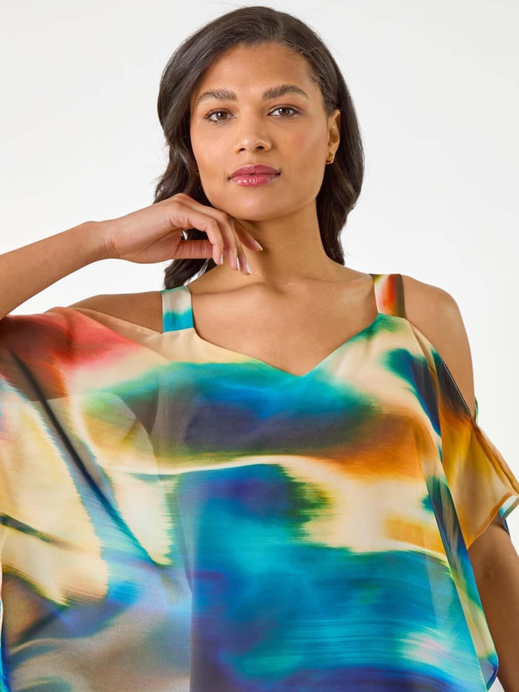 Roman Yellow Abstract Overlay Cold Shoulder Blouse - Image 1 of 5