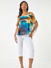 Roman Yellow Abstract Overlay Cold Shoulder Blouse - Image 2 of 5