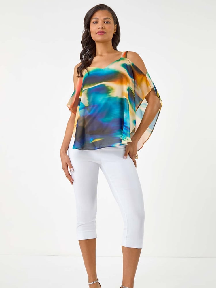 Roman Yellow Abstract Overlay Cold Shoulder Blouse - Image 2 of 5