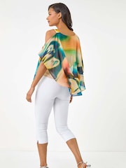 Roman Yellow Abstract Overlay Cold Shoulder Blouse - Image 3 of 5