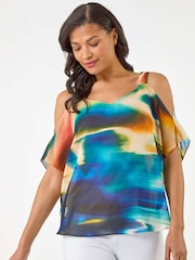 Roman Yellow Abstract Overlay Cold Shoulder Blouse - Image 4 of 5