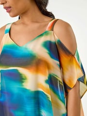 Roman Yellow Abstract Overlay Cold Shoulder Blouse - Image 5 of 5