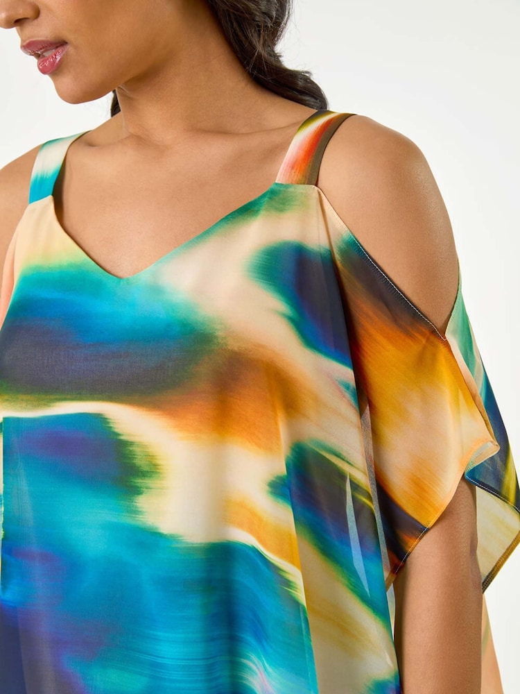Roman Yellow Abstract Overlay Cold Shoulder Blouse - Image 5 of 5