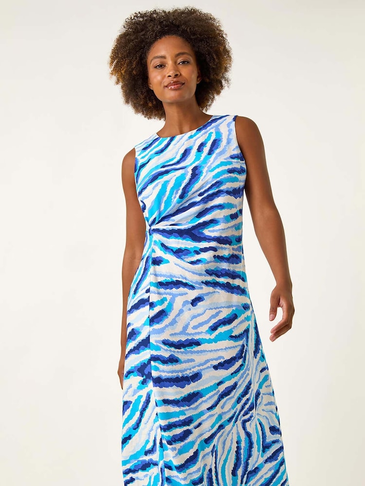 Roman Blue Abstract Side Pleat Midi Dress - Image 1 of 5