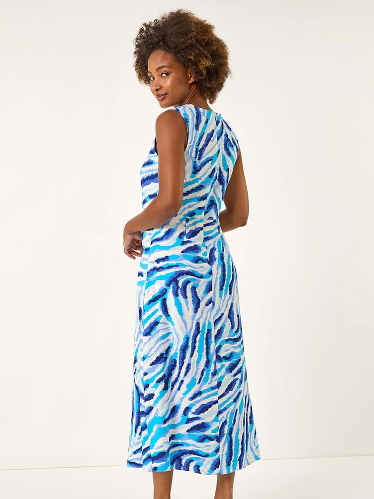 Roman Blue Abstract Side Pleat Midi Dress - Image 2 of 5