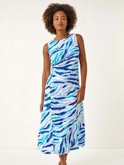 Roman Blue Abstract Side Pleat Midi Dress - Image 3 of 5