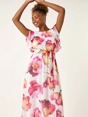 Roman White Midi Split Sleeve Floral Print Dress - Image 1 of 5
