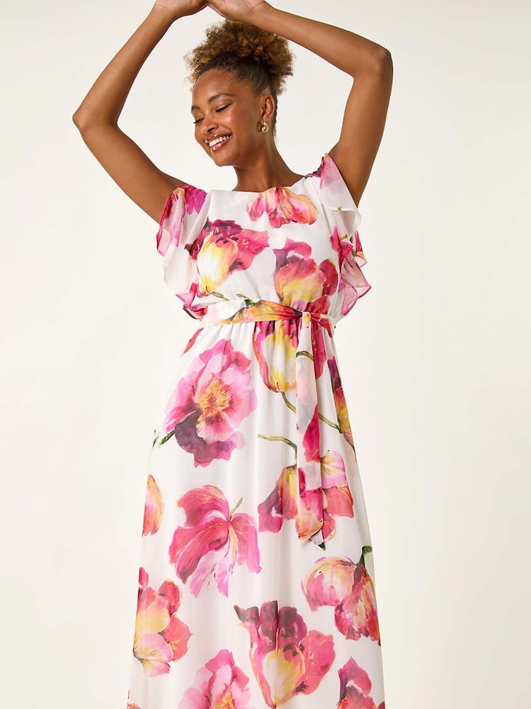 Roman White Midi Split Sleeve Floral Print Dress - Image 1 of 5