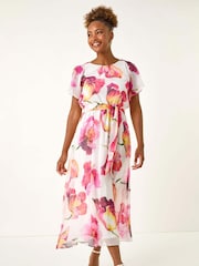 Roman White Midi Split Sleeve Floral Print Dress - Image 2 of 5