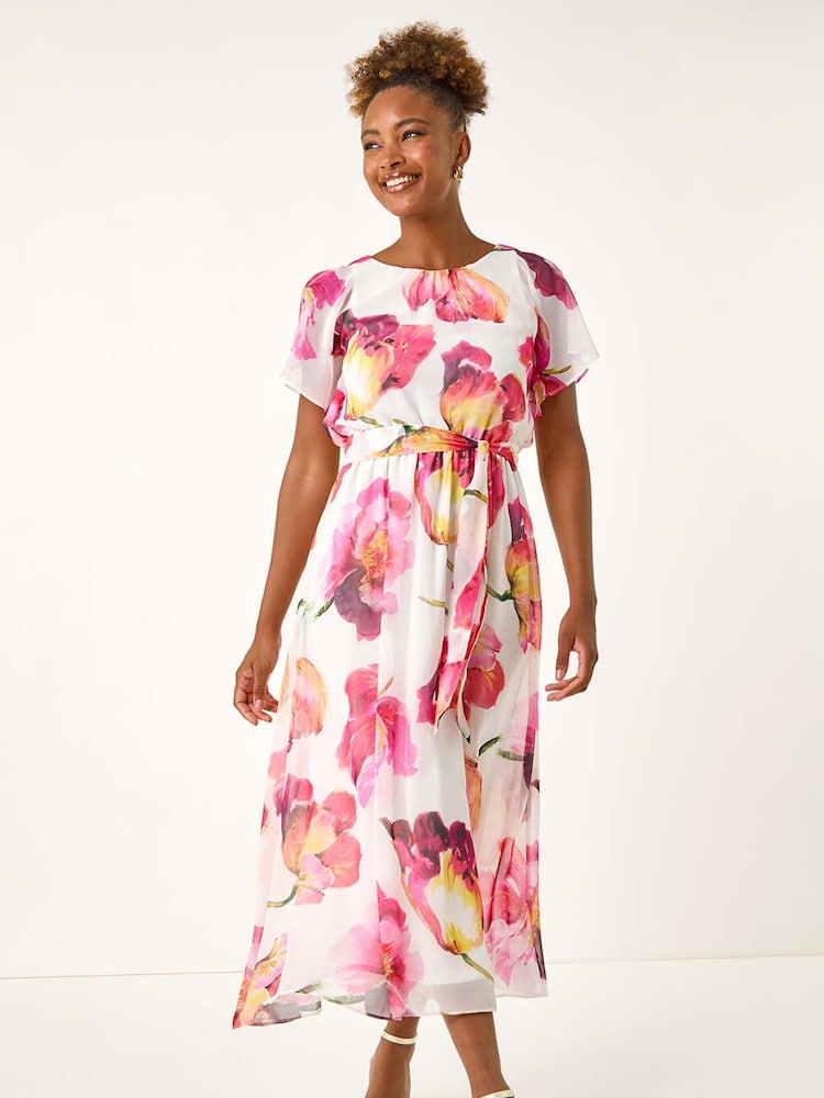 Roman White Midi Split Sleeve Floral Print Dress - Image 2 of 5