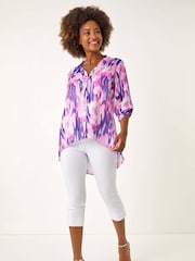 Roman Purple Blurred Print Frill Blouse - Image 1 of 5