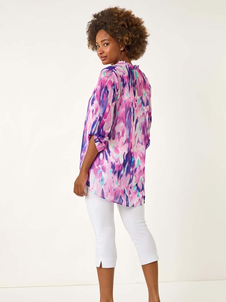 Roman Purple Blurred Print Frill Blouse - Image 2 of 5