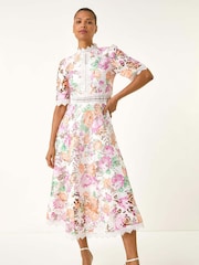 Roman White Floral Print Lace Midi Dress - Image 1 of 5