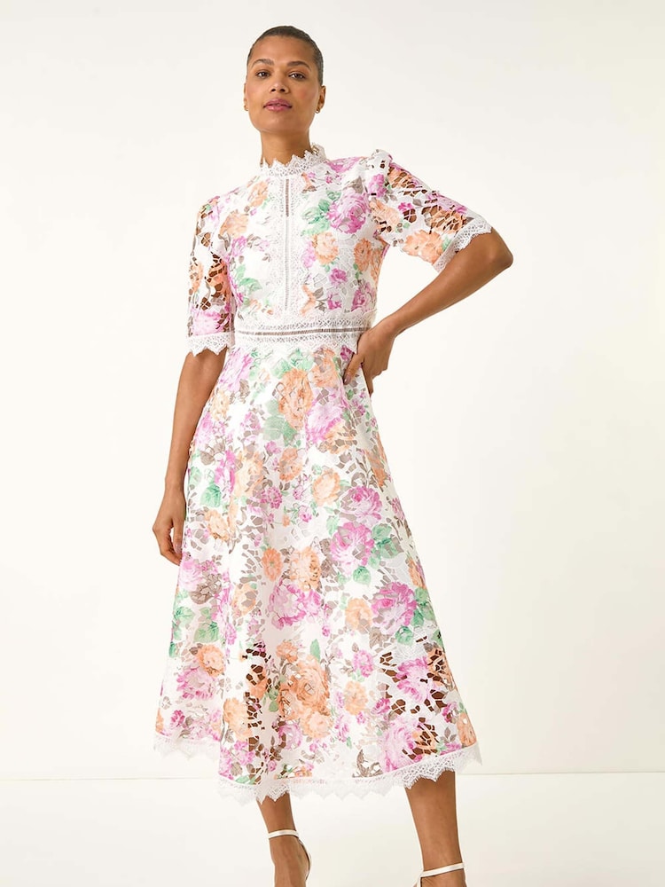 Roman White Floral Print Lace Midi Dress - Image 1 of 5