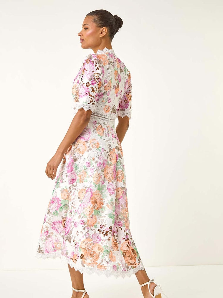 Roman White Floral Print Lace Midi Dress - Image 2 of 5