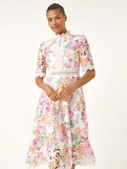 Roman White Floral Print Lace Midi Dress - Image 3 of 5