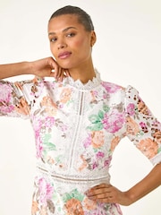 Roman White Floral Print Lace Midi Dress - Image 4 of 5