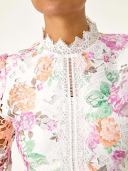 Roman White Floral Print Lace Midi Dress - Image 5 of 5