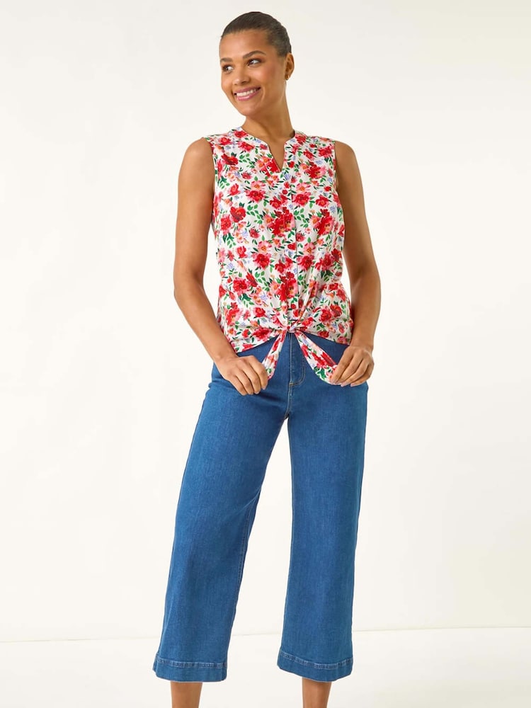 Roman Red Floral Print Tie Front Blouse - Image 2 of 5 Roman Red Floral Print Tie Front Blouse - Image 2 of 5