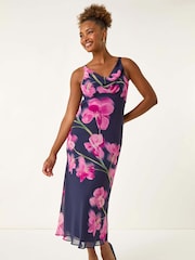 Roman Blue Floral Print Cowl Neck Midi Dress - Image 1 of 5