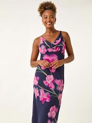 Roman Blue Floral Print Cowl Neck Midi Dress - Image 2 of 5