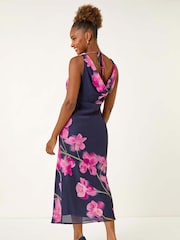 Roman Blue Floral Print Cowl Neck Midi Dress - Image 3 of 5