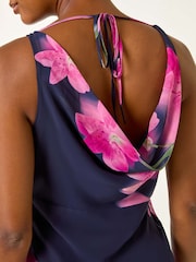 Roman Blue Floral Print Cowl Neck Midi Dress - Image 5 of 5