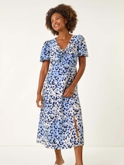 Roman Blue Animal Print Tie Front Midi Dress - Image 2 of 5