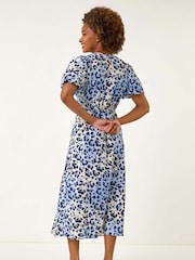 Roman Blue Animal Print Tie Front Midi Dress - Image 3 of 5