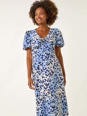 Roman Blue Animal Print Tie Front Midi Dress - Image 4 of 5