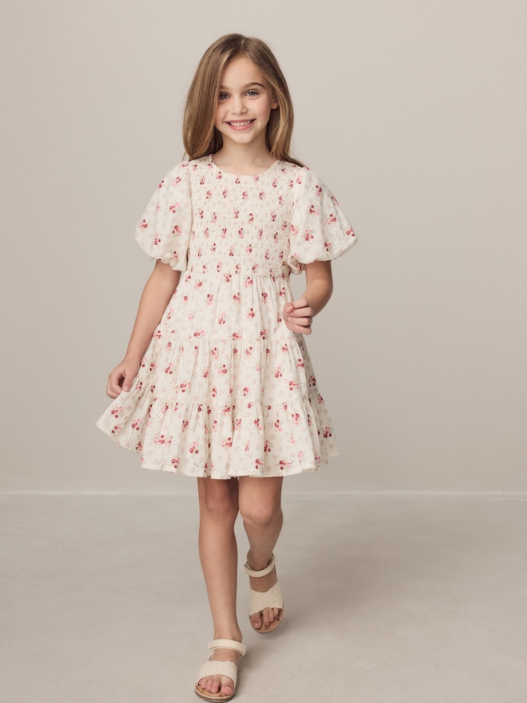 Laura Ashley Cream Pia Bouquet Ditsy Shirred Puffed Sleeve Schiffli Dress - Image 1 of 9
