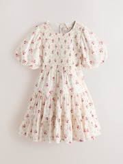 Laura Ashley Cream Pia Bouquet Ditsy Shirred Puffed Sleeve Schiffli Dress - Image 6 of 9