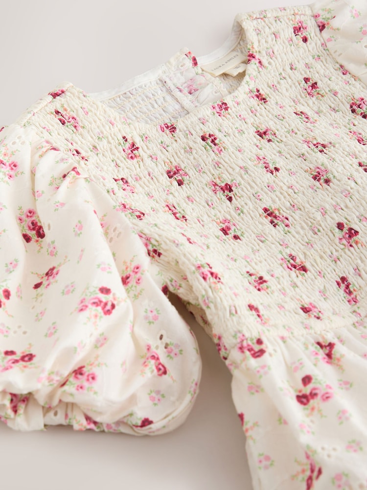 Laura Ashley Cream Pia Bouquet Ditsy Shirred Puffed Sleeve Schiffli Dress - Image 9 of 9