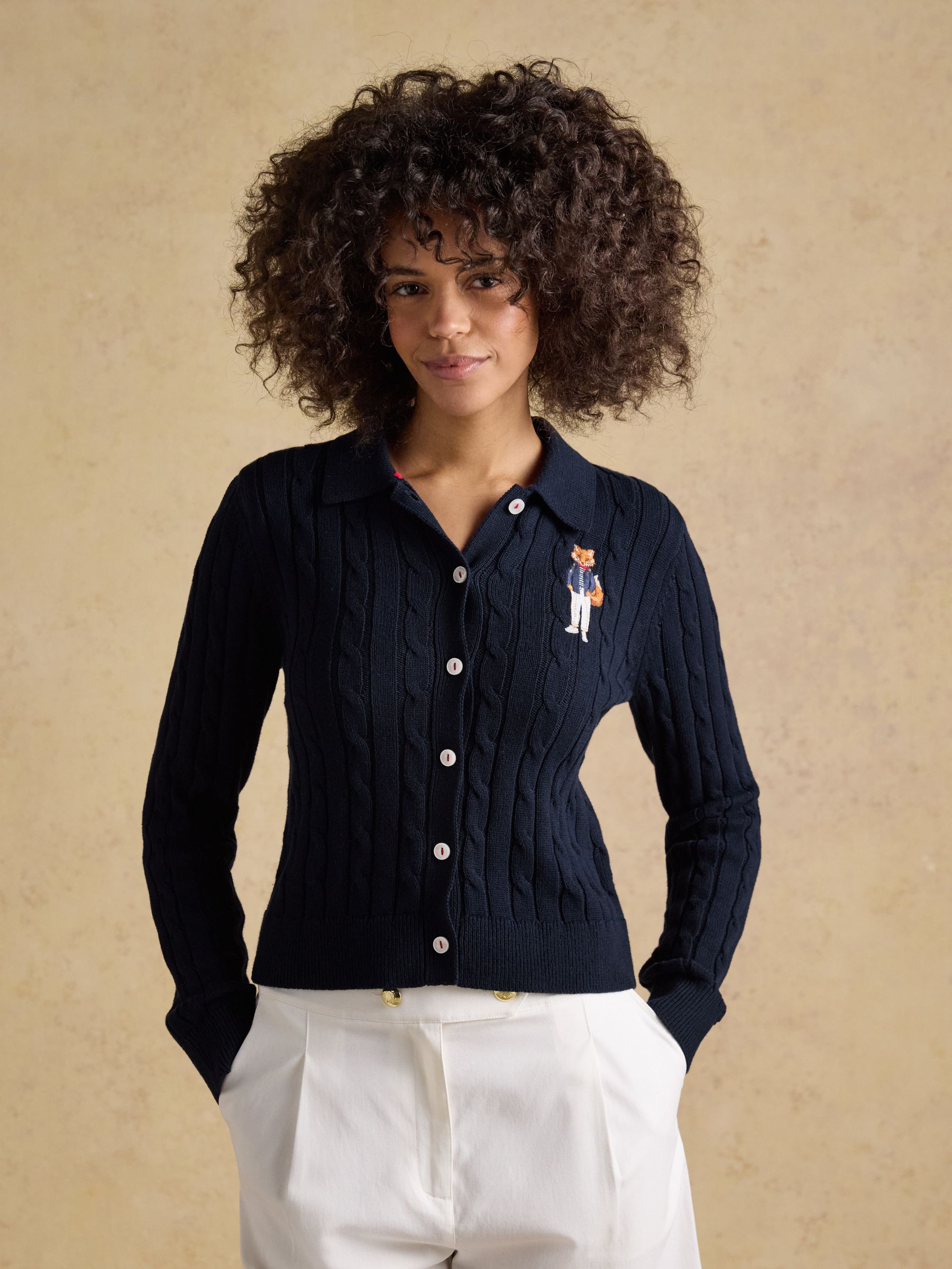 Buy Joules Navy Jonty Fox Embroided Cotton Cable Knit Cardigan