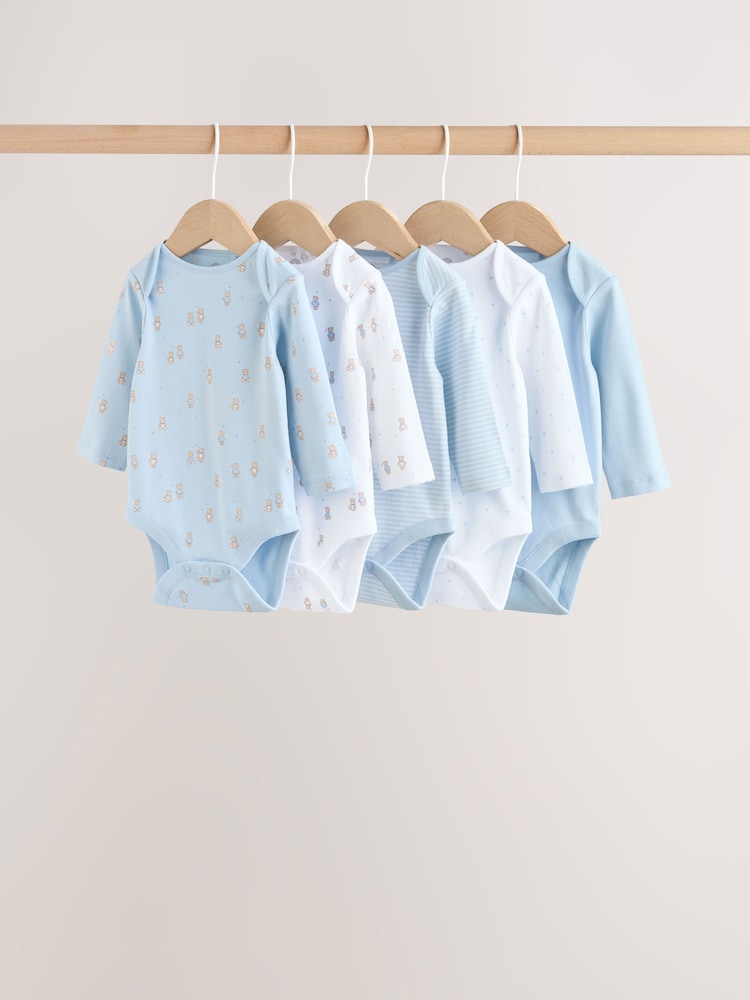Blue 5 Pack Long Sleeved Baby Bear Bodysuit - Image 1 of 13 Blue 5 Pack Long Sleeved Baby Bear Bodysuit - Image 1 of 13