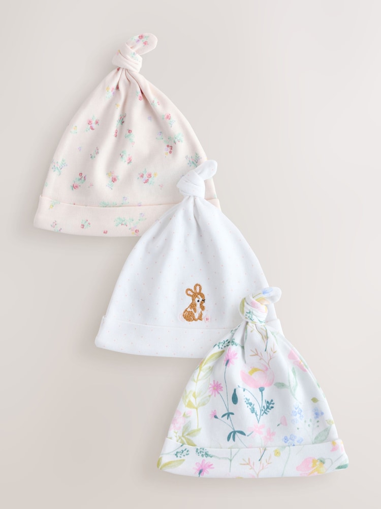 Pink Tie Top Baby Beanie 3 Pack (0-12mths) - Image 1 of 6