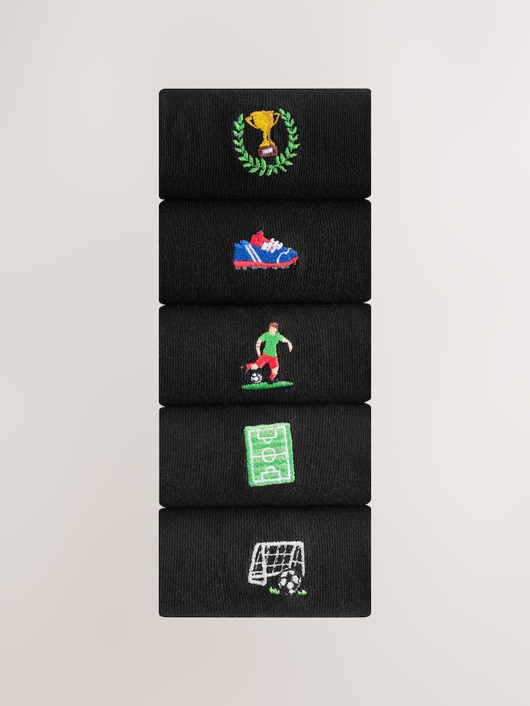 Black Football Fun Embroidered Socks 5 Pack - Image 1 of 9