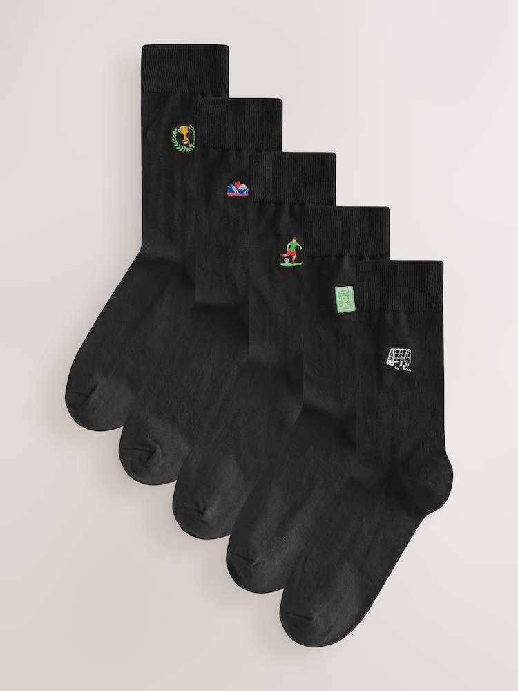 Black Football Fun Embroidered Socks 5 Pack - Image 2 of 9