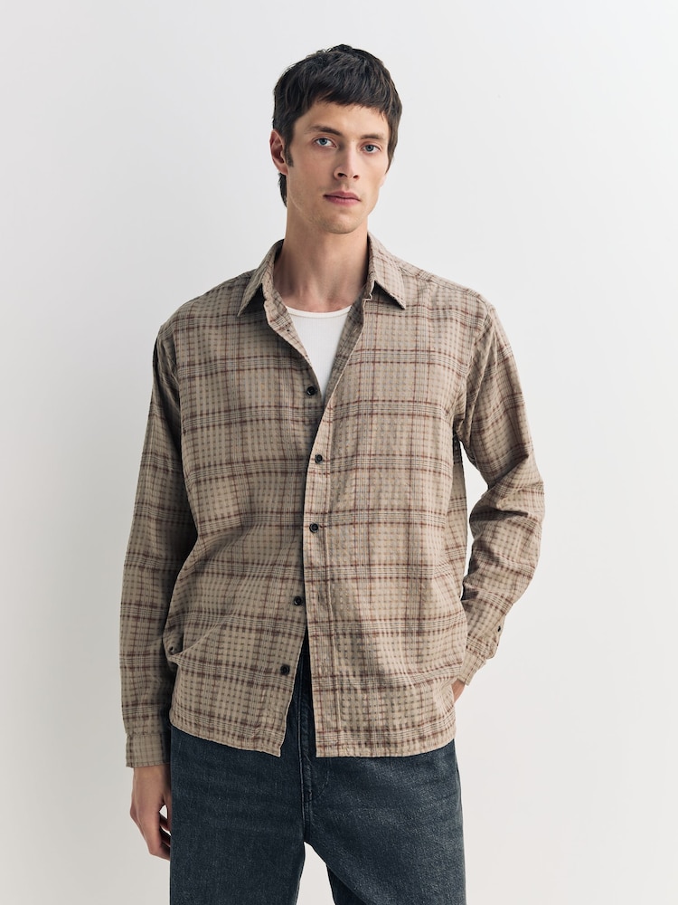 Oliver Spencer Brown Garrison Long Sleeve Check Seersucker Shirt - Image 1 of 5 Oliver Spencer Brown Garrison Long Sleeve Check Seersucker Shirt - Image 1 of 5