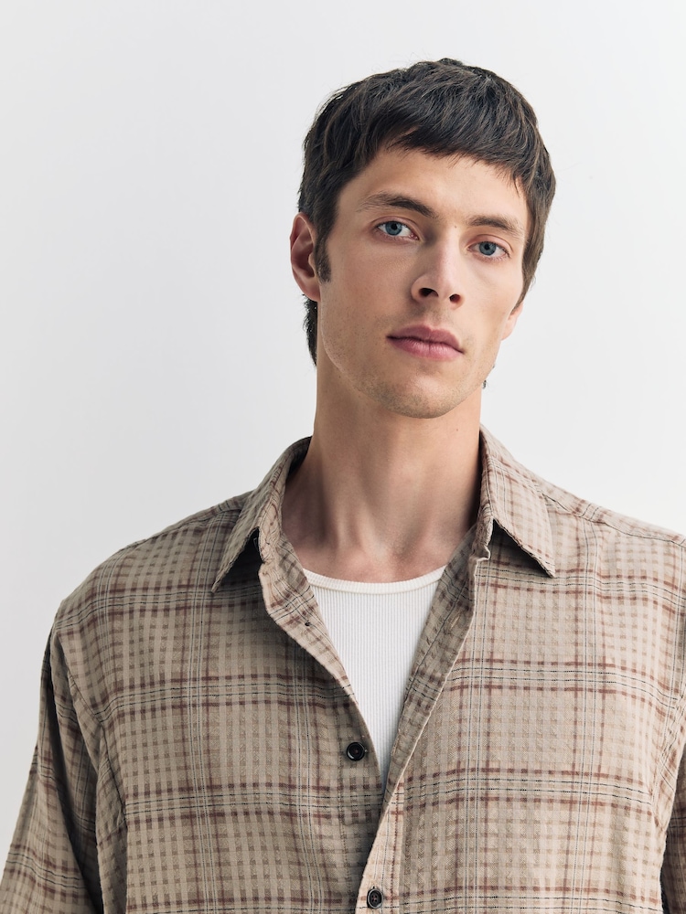 Oliver Spencer Brown Garrison Long Sleeve Check Seersucker Shirt - Image 5 of 5 Oliver Spencer Brown Garrison Long Sleeve Check Seersucker Shirt - Image 5 of 5