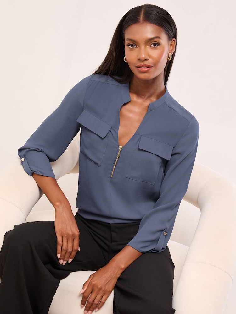 Lipsy Blue Zip Front Utility Pocket Blouse - Image 1 of 4